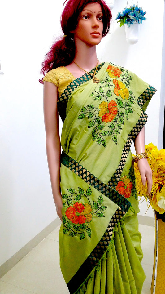 Kantha work on cotton silk saree; DISPLAY PURPOSE; CAN BE DONE BASED ON CUSTOMER REQUEST