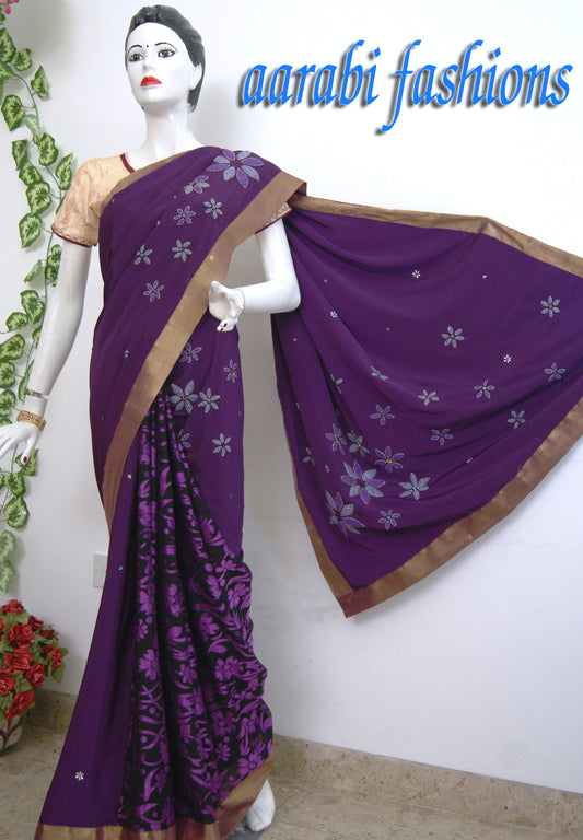 Bead work on Pure Crepe Saree