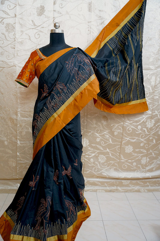 Kantha work on SOFT silk saree; DISPLAY PURPOSE; CAN BE DONE BASED ON CUSTOMER REQUEST