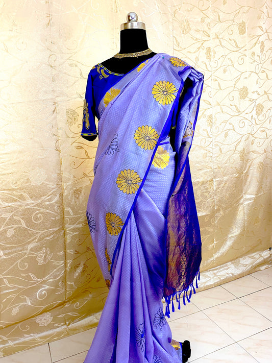 Kantha work on PURE KANCHIPURAM SILK saree; DISPLAY PURPOSE; CAN BE DONE BASED ON CUSTOMER REQUEST