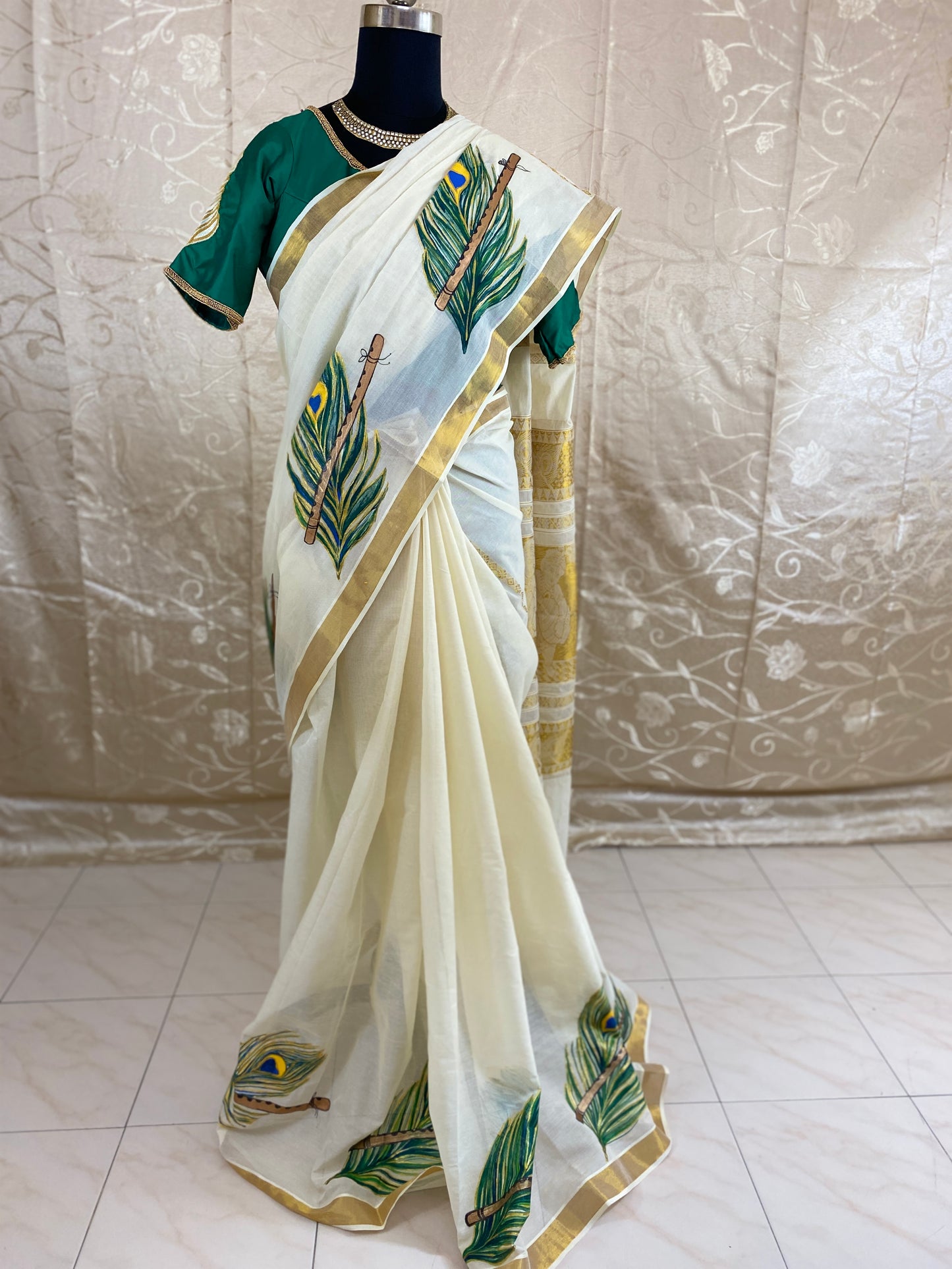 Hand painted work on Kerala Cotton Saree - DISPLAY PURPOSE; CAN BE DONE UPON REQUEST