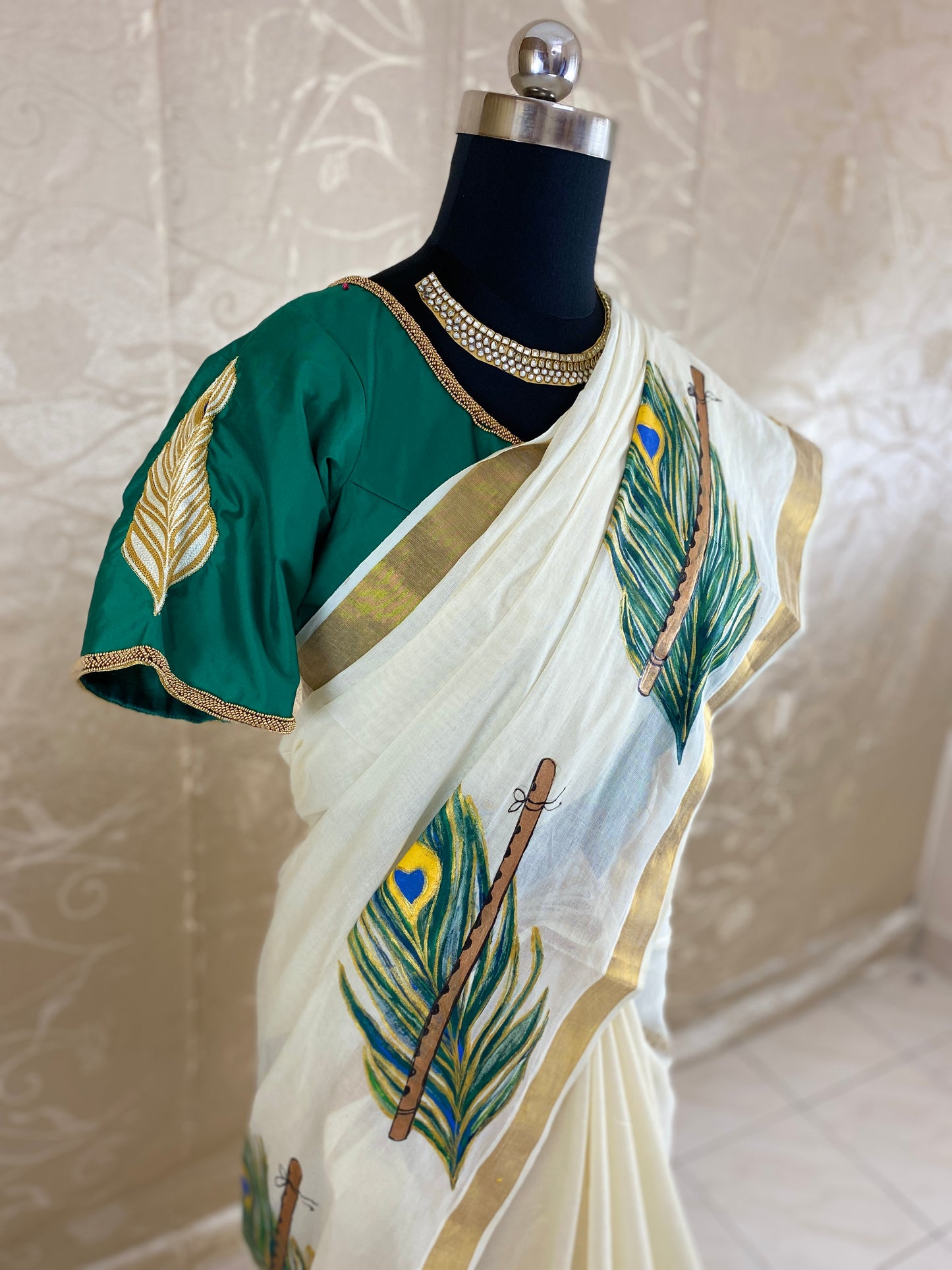 Hand painted work on Kerala Cotton Saree - DISPLAY PURPOSE; CAN BE DONE UPON REQUEST